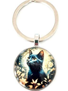 Black Cat Floral Keychain Mystic Witchy Aesthetic Kitty Charm Gift Pet Lover